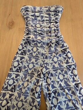 Elana Kattan Strapless Blue Batik Print Jumpsuit Ruched Bodice Wide Leg XS